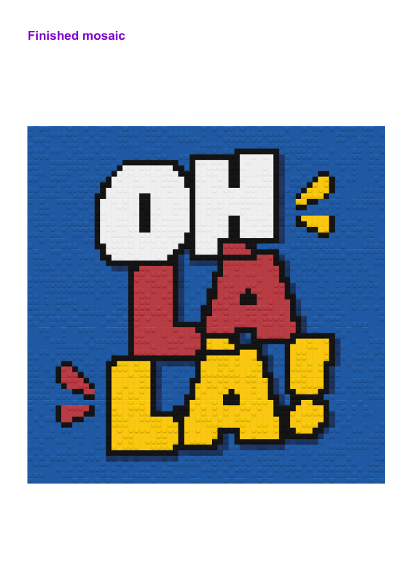 Oh la la mosaic preview from page 7 of the build guide, with white, coral and yellow lettering on a blue background.