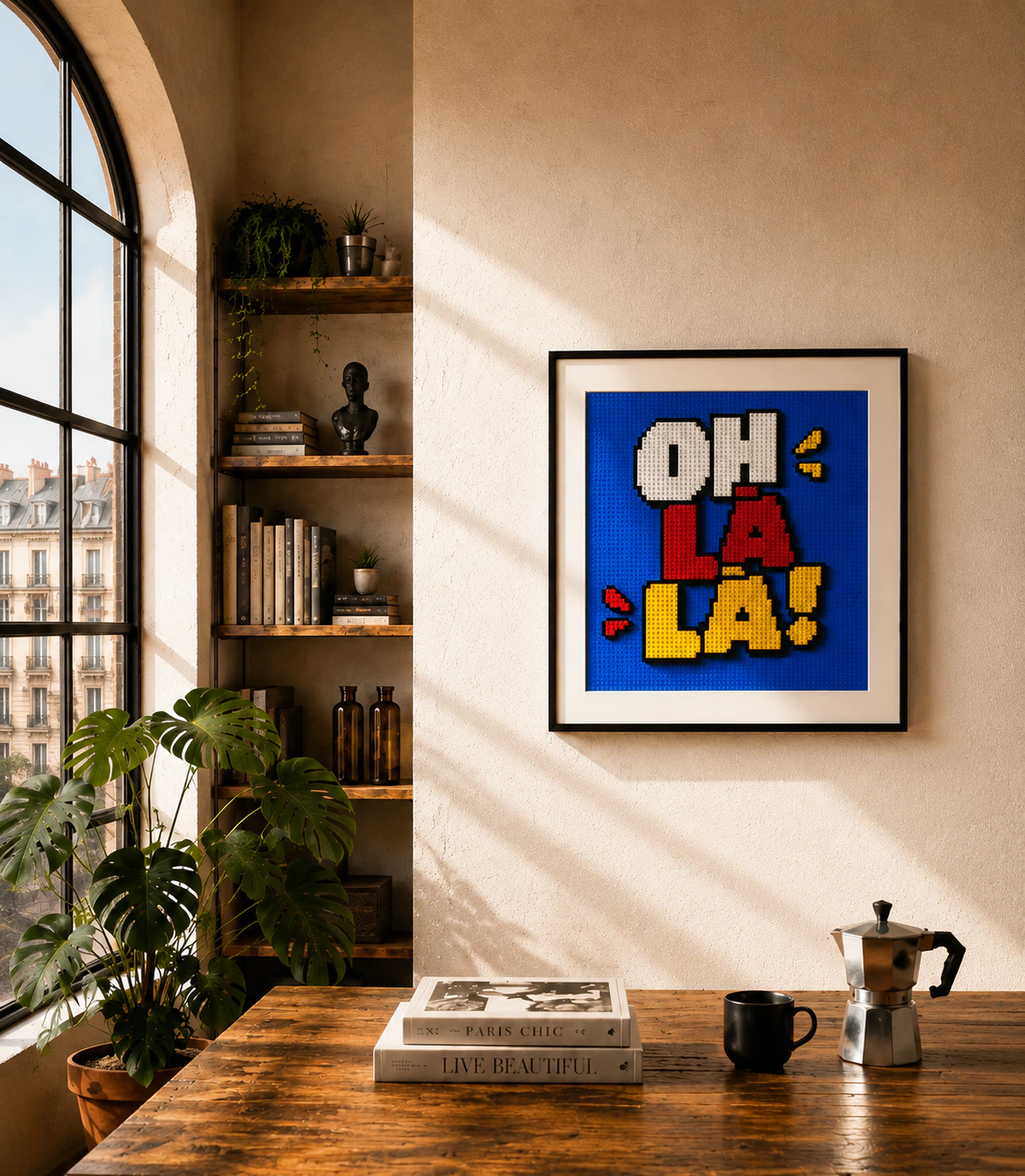 A colourful framed Sozaik artwork in a sunlit Parisian interior